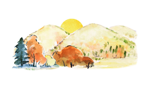 水彩自然秋天明亮的手绘矢量插图。夕阳西下，映衬着草地和群山。图片下载