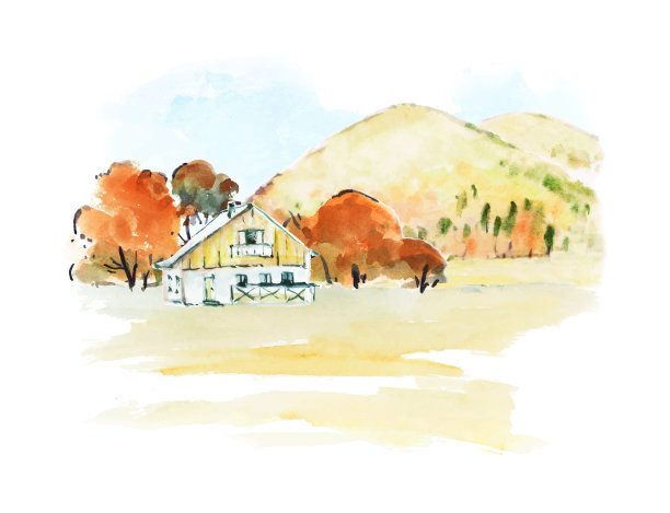 水彩秋天手绘矢量插图与树，草地，山和房子。金色设计图片下载