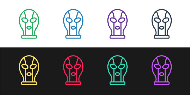 设置线墨西哥摔跤手图标孤立在黑色图片下载