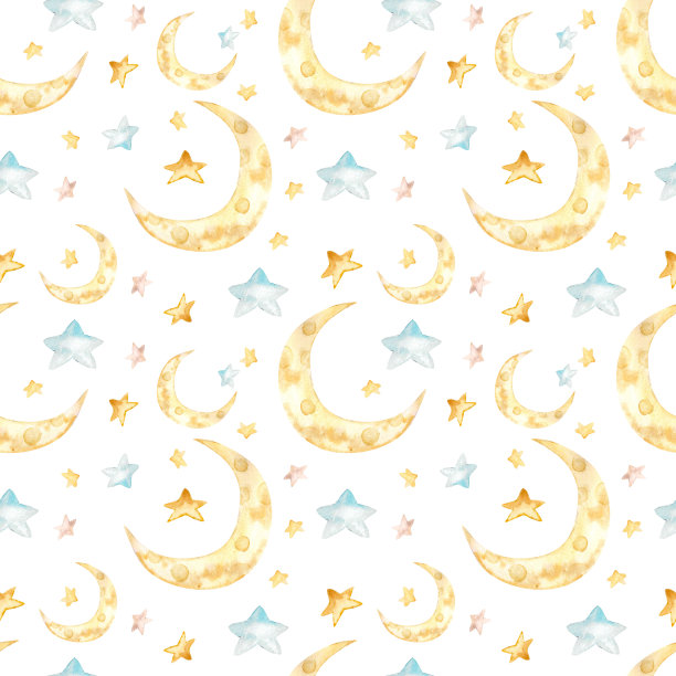 水彩插图。无缝模式上的白色背景与一个月和星星。背景，纸张，织物，打印等无缝设计。图片下载