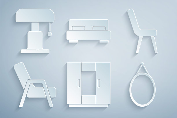 设置衣柜，扶手椅，镜子，大床和台灯图标。向量图片下载