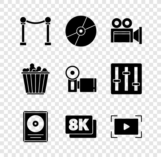 Set Rope barrier, CD或DVD磁盘，电影院摄像机，奖框，8k Ultra HD，在线播放视频，爆米花盒和图标。向量图片下载