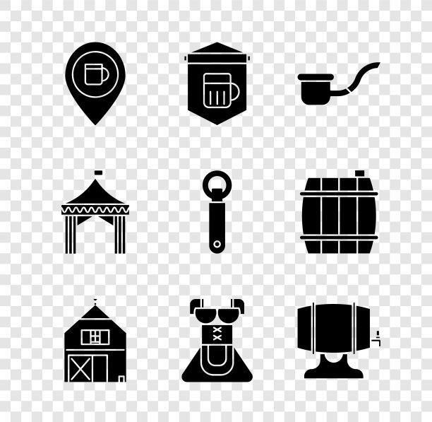 Set Alcohol or beer bar location, Signboard with glass of, Smoking pipe, Farm House, Costume for women dirndl, Wooden barrel rack，野营帐篷和Bottle opener的图标。向量图片下载