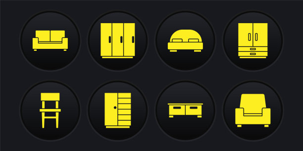 设置椅子，衣柜，抽屉柜，大床，扶手椅和沙发图标。向量图片下载