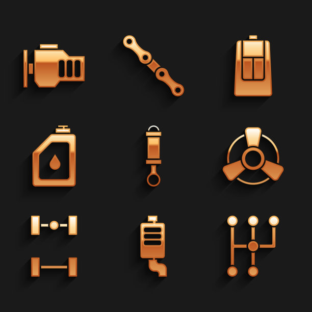 设置减震器，汽车消音器，换挡器，电机通风机，汽车底盘，油罐，遥控键和检查发动机图标。向量图片下载