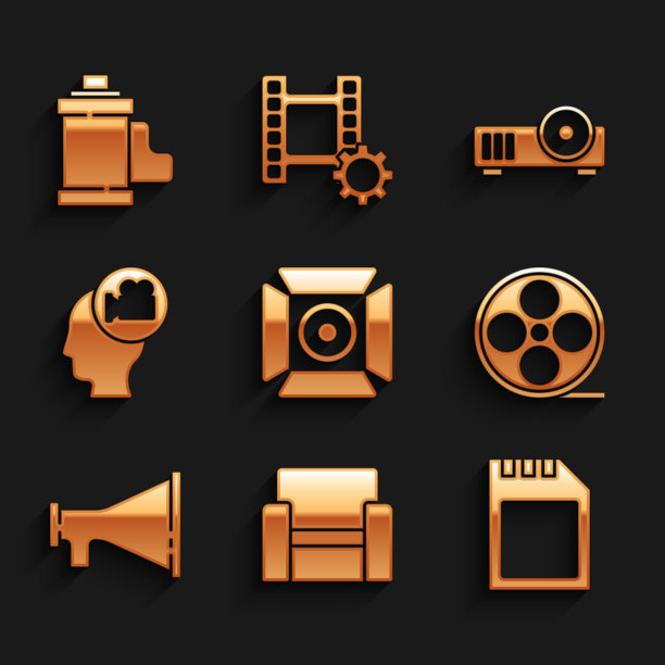 设置电影聚光灯，电影院椅，SD卡，电影卷轴，扩音器，头与相机，媒体投影仪和相机胶卷卷墨盒图标。向量图片下载