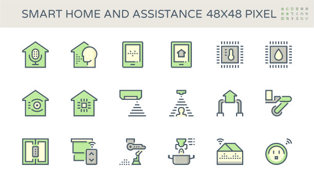 智能家居系统和数字技术矢量图标集设计。48x48像素完美和可编辑的笔触。图片下载