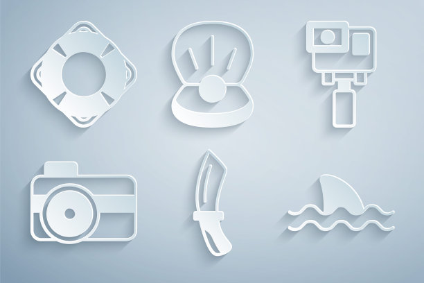 设置潜水刀，极限动作相机，潜水员照片，鲨鱼，珍珠和救生圈图标。向量图片下载