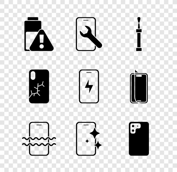 设置智能手机电池充电，手机服务，螺丝刀，防水，玻璃屏幕保护器，破碎和充电图标。向量图片下载