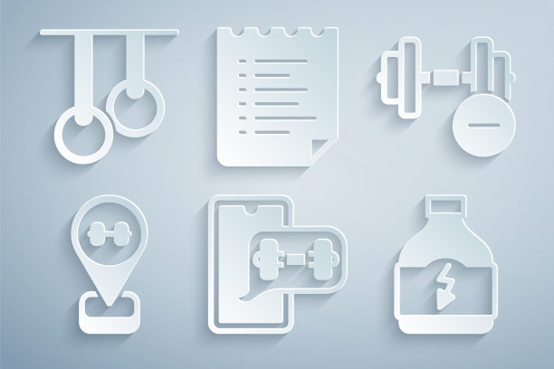 设置健身app，哑铃，位置健身房，运动营养，训练计划和体操环图标。向量图片下载