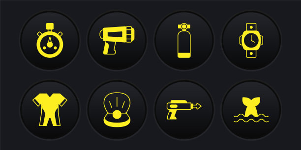 设置潜水服，潜水手表，珍珠，鱼叉，Aqualung，手电筒潜水员，鲸鱼尾巴和秒表图标。向量图片下载