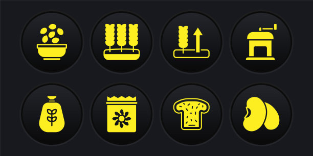 集袋面粉，手动咖啡研磨机，包满种子植物，面包吐司，小麦，豆类和种子碗图标。向量图片下载