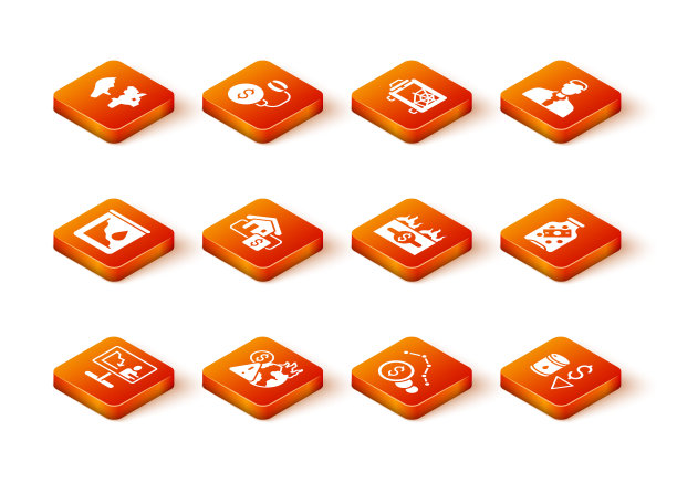 全球经济危机消息，原油价格下跌，挂着出售的招牌，美元汇率下降，烧美元钞票，玻璃钱罐硬币图标。向量图片下载