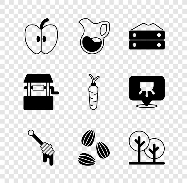 设置苹果，牛奶杯，面粉袋，蜂蜜勺棒，种子，树，井和胡萝卜图标。向量图片下载
