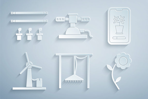 设置自动灌溉喷头，智能控制农业系统，风力发电机，花卉，并与灯泡和植物图标。向量图片下载
