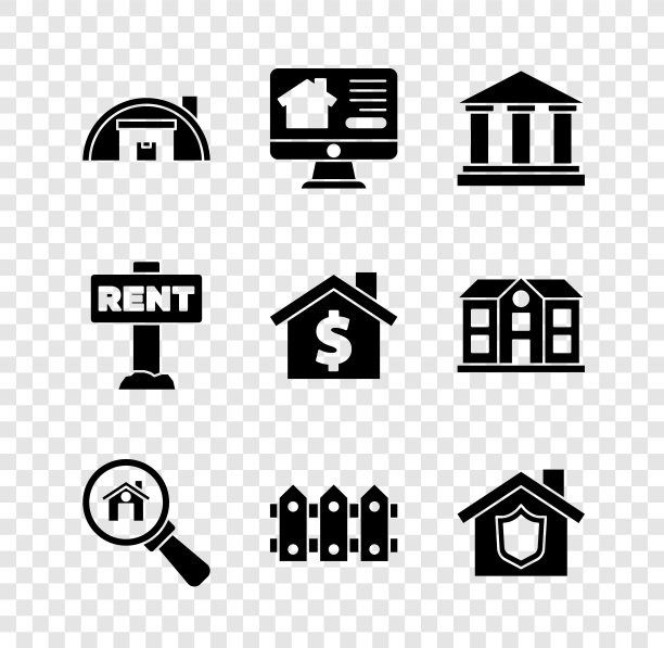 集仓库，在线房地产，博物馆建筑，搜索，花园栅栏木制，房屋与盾牌，挂牌租赁和美元符号图标。向量图片下载