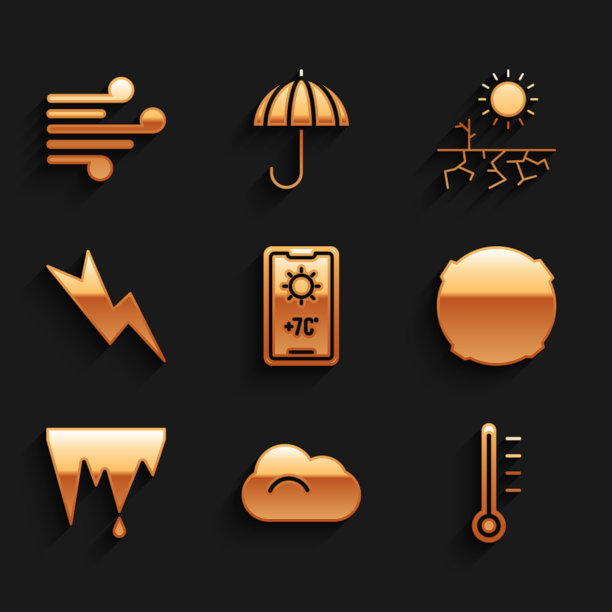 设置天气预报，云，气象温度计，月亮，冰柱，闪电，干旱和风图标。向量图片下载