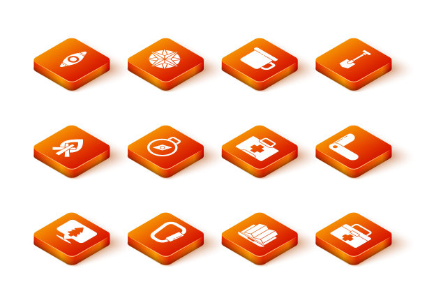 设置位置的森林，Carabiner，篝火，指南针，笔记本电脑，急救箱，和瑞士军刀图标。向量图片下载