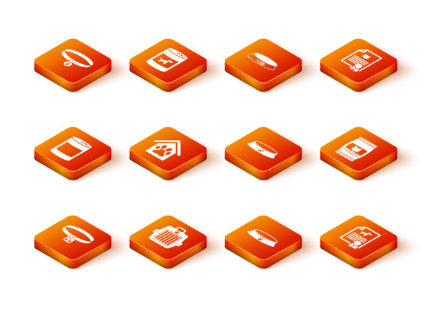 设置狗项圈，宠物手提箱，罐头食品，房子和爪子印宠物，碗和图标。向量图片下载