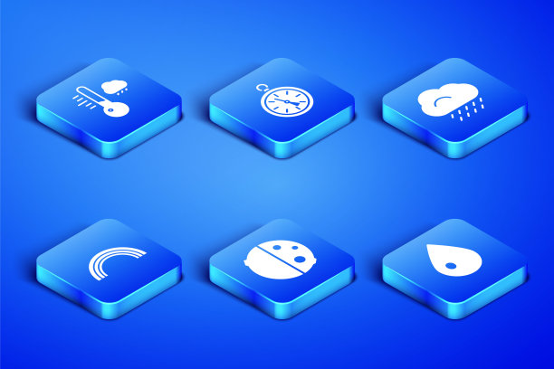 设置水滴，气象温度计，日蚀，彩虹，指南针和云与雨图标。向量图片下载