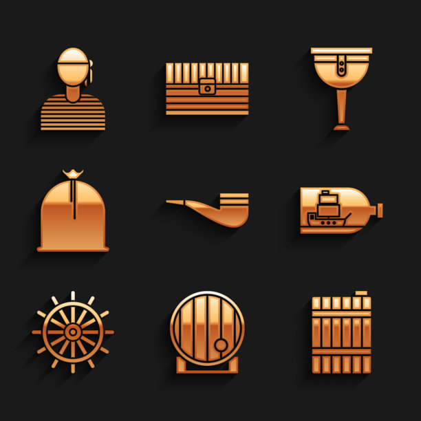 烟斗，木桶，装有船的瓶子，船方向盘，海盗袋，海盗腿和水手船长图标。向量图片下载