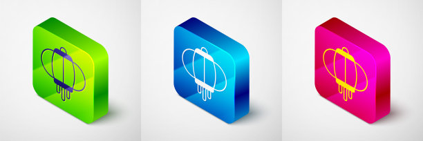 等距韩国纸灯笼图标孤立在灰色背景。方形按钮。向量图片下载