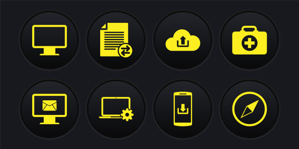 设置监视器和信封，急救箱，笔记本设备，智能手机下载，云上传和传输文件图标。向量图片下载