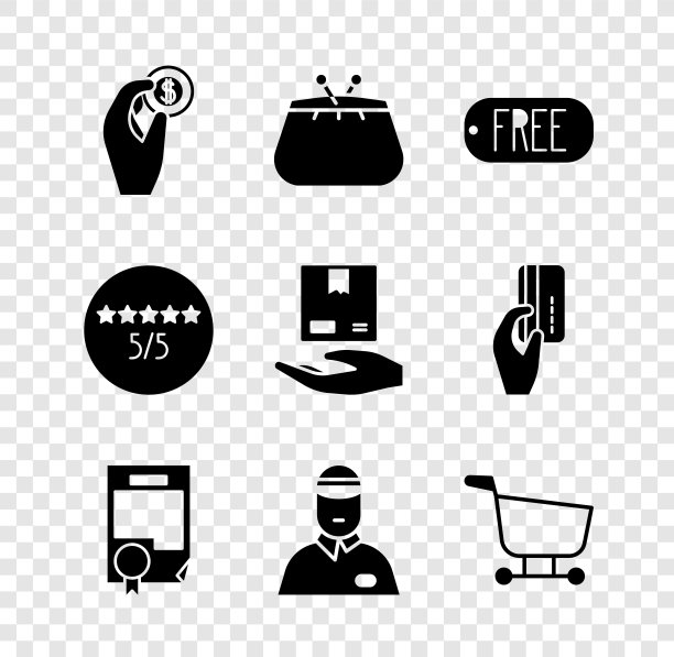 集手持硬币钱，钱包，价格标签与文本免费，证书模板，卖家，购物车，消费者或客户产品评级和送货手盒图标。向量图片下载