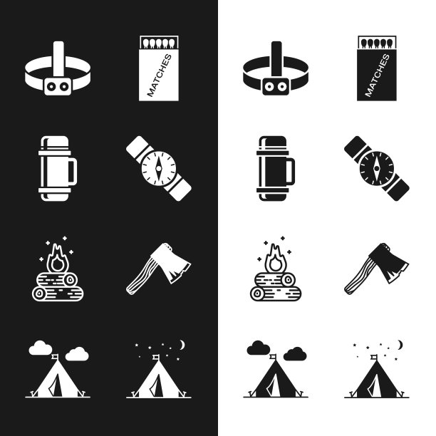 设置指南针，保温瓶，头手电筒，打开火柴盒和火柴，篝火，旧木斧，旅游帐篷旗和图标。向量图片下载