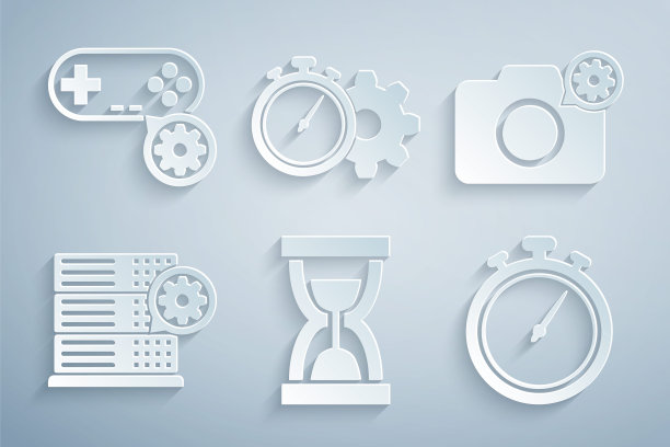 设置旧沙漏与沙，照片相机设置，服务器，秒表，时间管理和手柄图标。向量图片下载