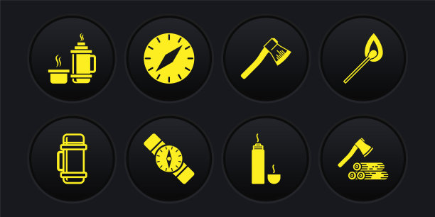 设置保温瓶容器，燃烧火柴与火，指南针，木斧，木材和图标。向量图片下载