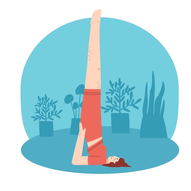 年轻女子在家做瑜伽练习。舒适的室内背景与家庭植物。平面向量插图。图片下载