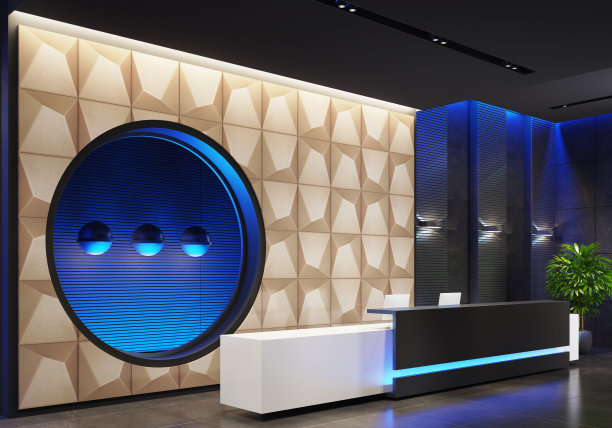 带有长接待台的现代办公室大堂内部区域图片下载