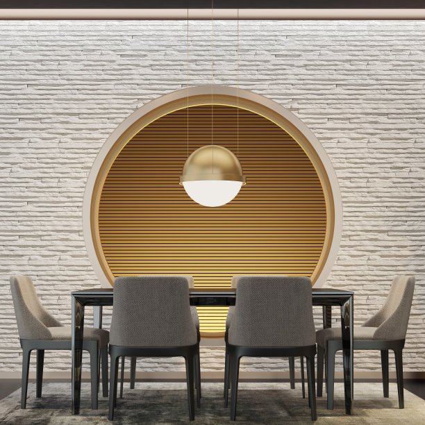 带圆形窗户装饰墙的豪华餐厅图片下载