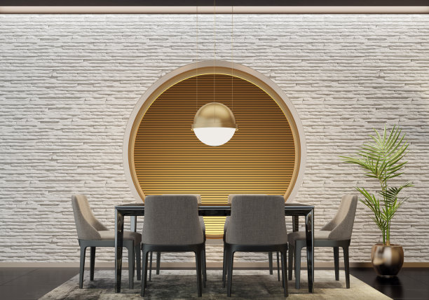 带圆形窗户装饰墙的豪华餐厅图片下载