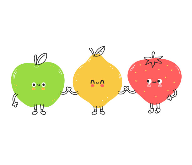 可爱有趣的柠檬，草莓和苹果水果。矢量手绘卡通卡哇伊涂鸦人物插图图标。柠檬、草莓和苹果的卡通人物概念。在白色背景上隔离图片下载