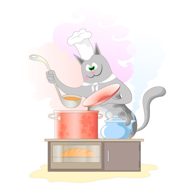 卡通灰猫厨师在厨房做饭图片下载
