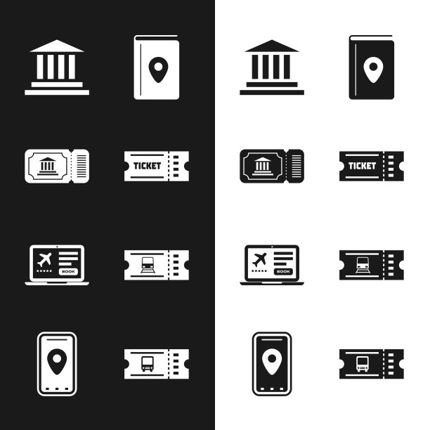 集合门票，博物馆门票，建筑，封面书旅游指南，笔记本电脑，火车，公共汽车和城市地图图标信息图。向量图片下载