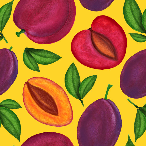 红与暗梅花水彩无缝花纹。新鲜水果重复背景图片下载