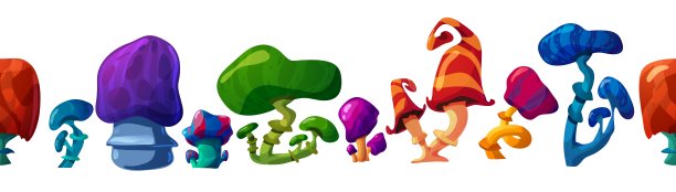 无缝边界与多彩的幻想魔术蘑菇矢量插图。图片下载