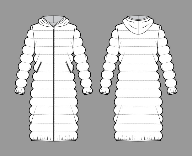 连帽绗缝壳羽绒服夹克羽绒服技术时尚插图与长袖，膝盖长度，超大图片下载