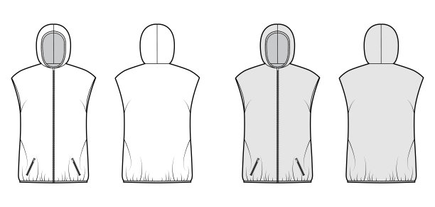 连帽羽绒背心羽绒背心技术时尚插图拉链关闭，口袋，超大，臀部长度图片下载