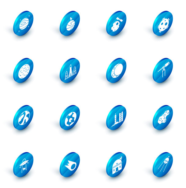 设置月球与旗帜，卫星绕行星地球，行星，金星，火箭发射从太空港，望远镜和图标。向量图片下载