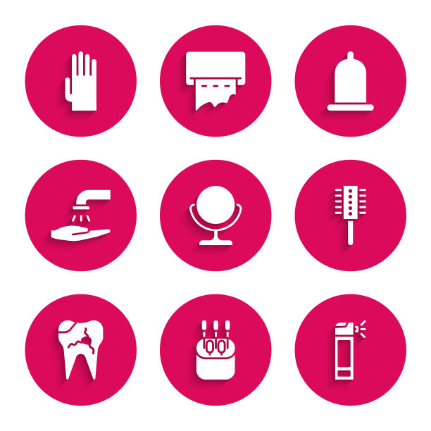 圆形化妆镜，耳用棉签，带喷嘴的喷雾瓶，发刷，断牙，洗手皂，避孕套和橡胶手套图标。向量图片下载