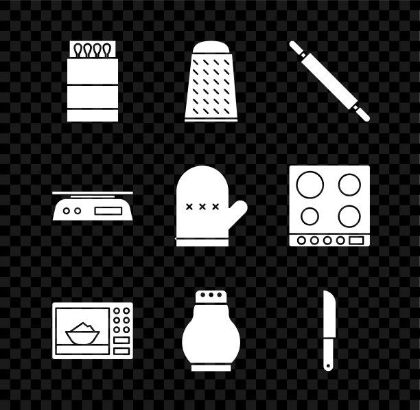 打开火柴盒和火柴，刨丝器，擀面杖，微波炉，盐胡椒，刀，电子秤和烤箱手套图标。向量图片下载
