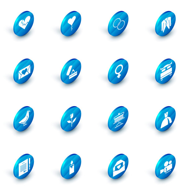 心形气球，结婚戒指，西装，信封与情人节，鸽子，卧室和女性的性别符号图标。向量图片下载