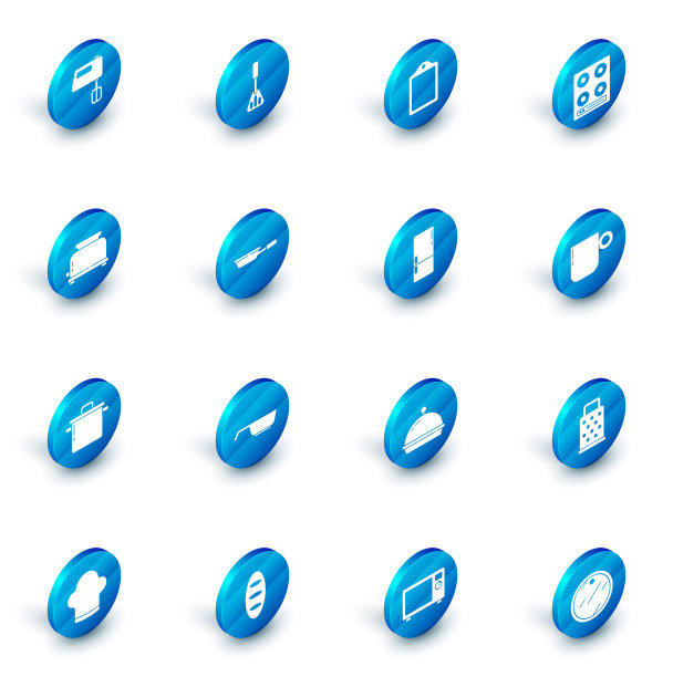 设置铲子，砧板，煤气炉，烤面包机，锅，煎锅，咖啡杯和冰箱图标。向量图片下载