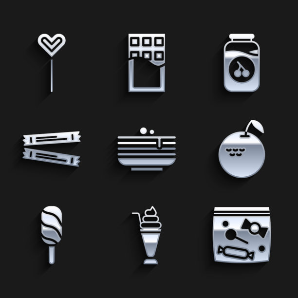 套叠煎饼，奶昔，糖果包装糖果，苹果，冰淇淋，糖棒包，樱桃果酱罐和棒棒糖图标。向量图片下载