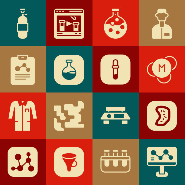 设置化学配方，细菌，分子，试管和烧瓶，化学报告，丙烷气罐和吸管图标。向量图片下载