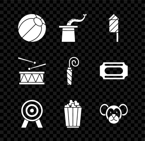 集沙滩球，魔术师的帽子，烟花火箭，目标，爆米花在盒子里，猴子，鼓与鼓棒和生日派对号角图标。向量图片下载